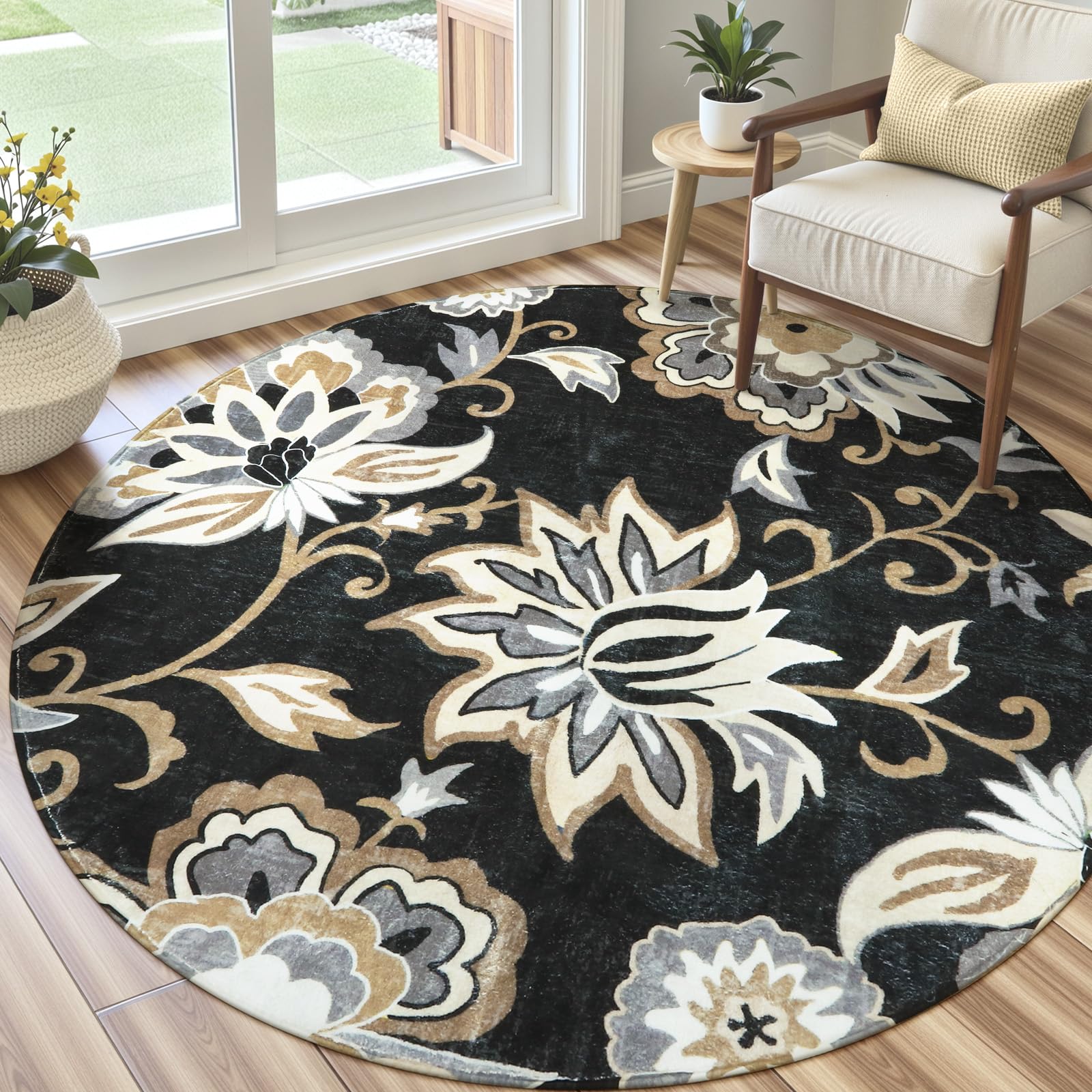 Amazon.com: Lahome Floral Black Round Area Rug - 5Ft Washable